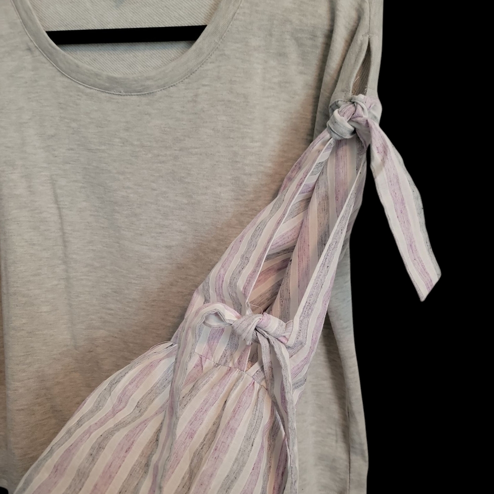 Mystree Heather Gray Pullover with Lavender-Striped Tie Sleeve